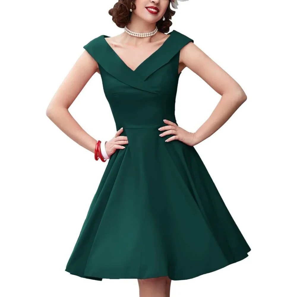 Women's Sleeveless V Neck Midi Swing Dress Vintage 1950s Retro Style